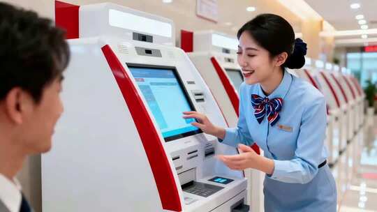 银行职员指导客户使用自助设备
