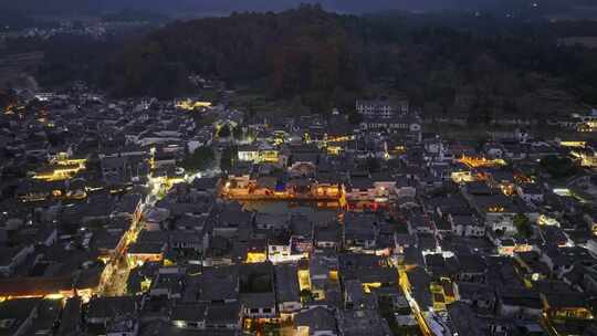 安徽黄山宏村徽派建筑群秋色日落夜景航拍