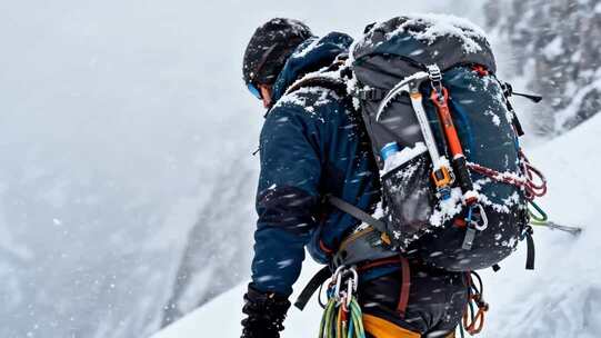 雪山中背着装备的登山者