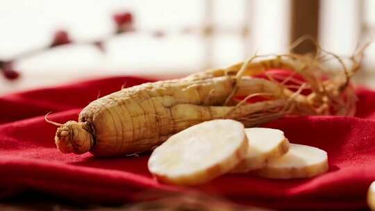 红布上摆放的人参及切片