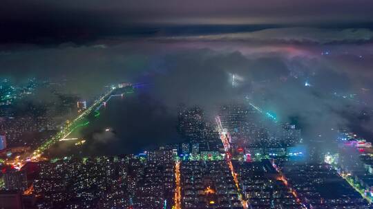 航拍鄂州夜景城市平流雾灯火辉煌