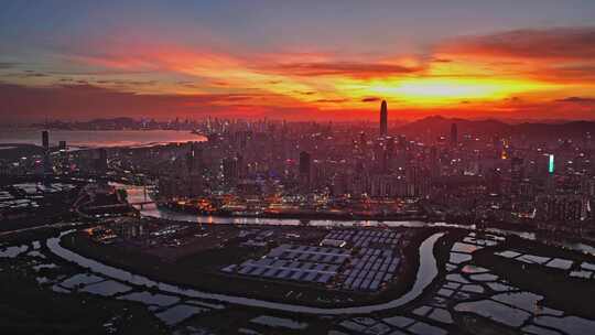 4K航拍深圳市地标建筑晚霞3