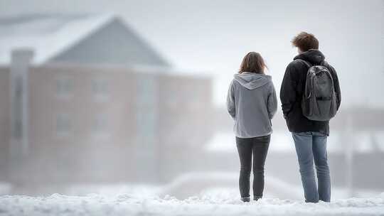 雪中男女学生眺望未来