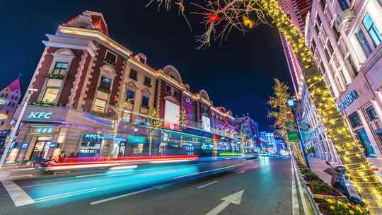 青岛中山路大鲍岛夜景延时视频素材模板下载