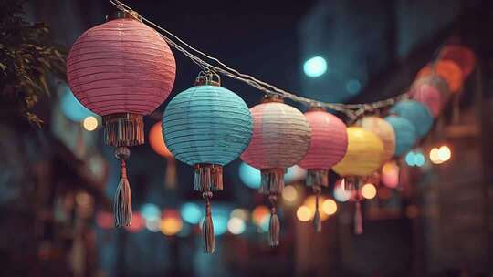 街道悬挂彩色灯笼夜景