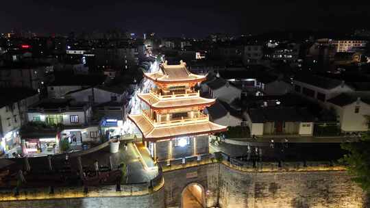 合集广东潮州古城下水门城楼夜景灯光航拍