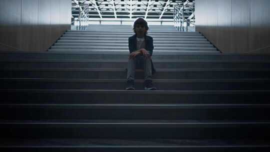 孤独的学童独自坐在学校楼梯特写镜头