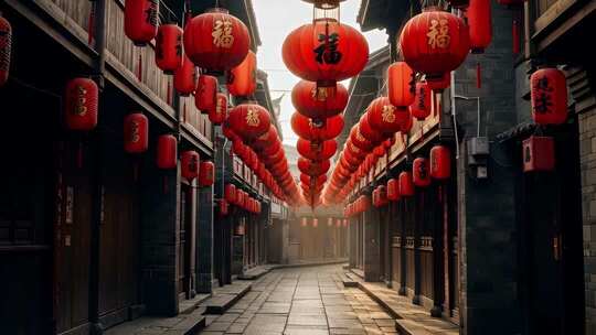 古街悬挂福字红灯笼场景