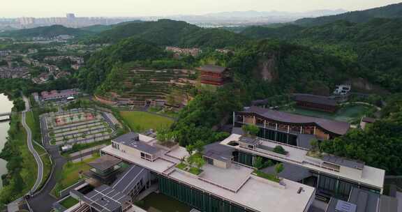 浙江省杭州市余杭良渚国家版本馆航拍晨曦