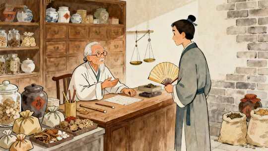 国潮水墨动画古代药铺老中医问诊场景