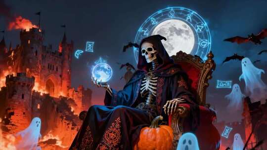 万圣节骷髅鬼王坐于城堡前