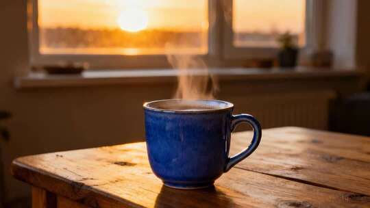 窗前阳光照射热气腾腾咖啡温暖治愈视频