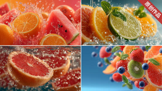 夏日水果 果蔬切片 橙子西柚 西瓜蓝莓高清在线视频素材下载