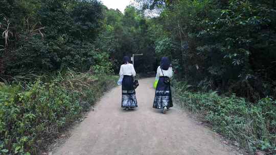 两位穿马面裙的女生山林景区走路背影视频素材模板下载