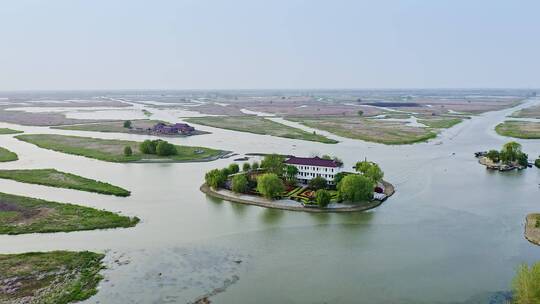 航拍江苏盐城九龙口名胜风景区湖景