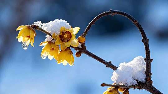 雪中绽放的黄色梅花特写