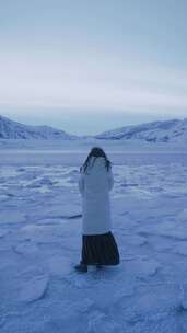 一个穿着冬装的女人在白雪覆盖的风景中