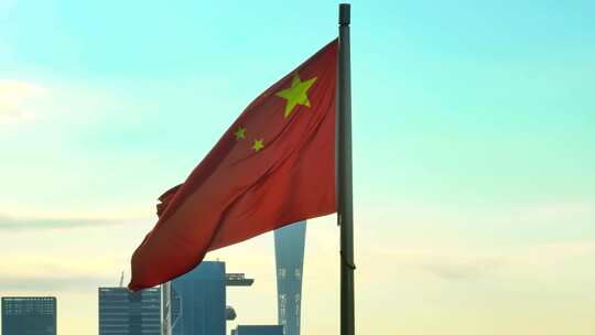 珠江新城日出红旗飘飘五星旗-