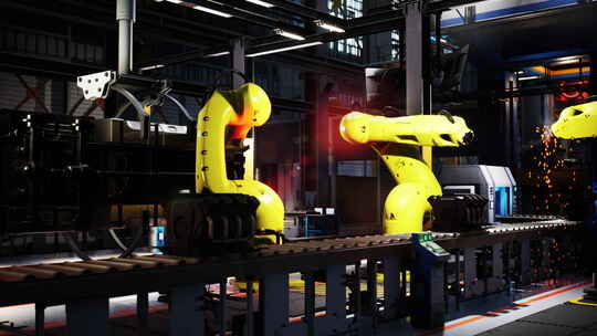 站在机器人工厂传送带上的黄色机器人