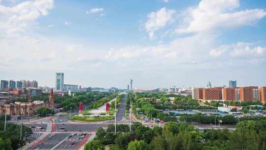 北京城市风光道路车流与鸟巢