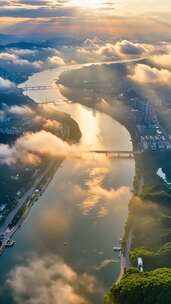 城市河流日出航拍风景
