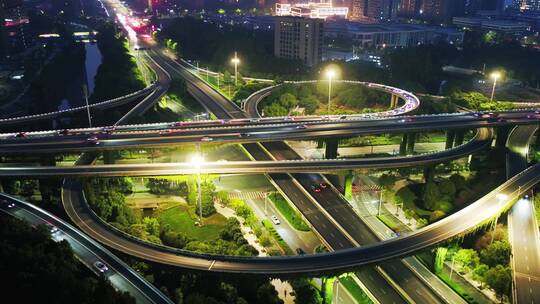 航拍夜晚杭州滨江时代大道中兴立交夜景