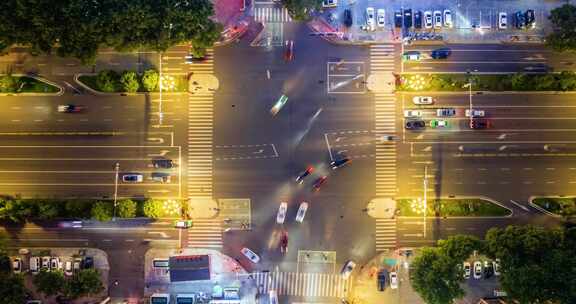 城市路口交通夜景航拍延时