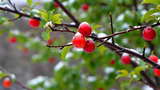 枝头覆雪的红色果实