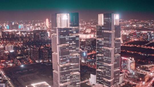 郑州双子塔夜景航拍视频素材模板下载