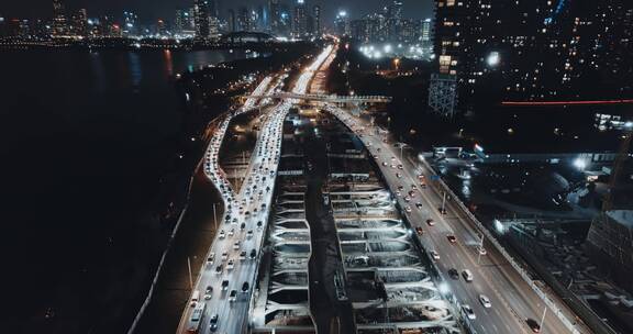 航拍深圳湾超级总部建设进展夜景