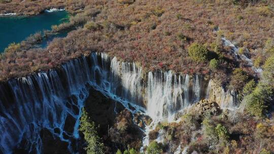 航拍九寨沟诺日朗瀑布和珍珠滩瀑布