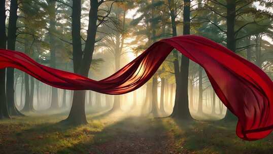 森林中飘扬的红色绸带