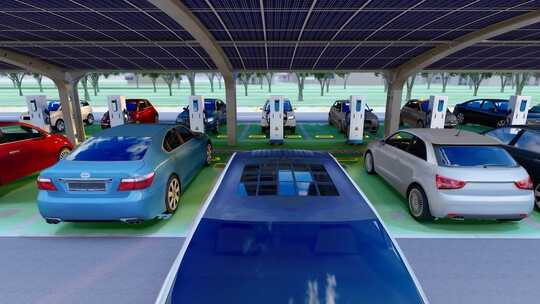 新能源充电桩和电动车停车场视频