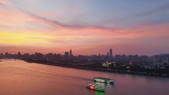 杭州钱塘江和现代都市风光夕阳下航拍