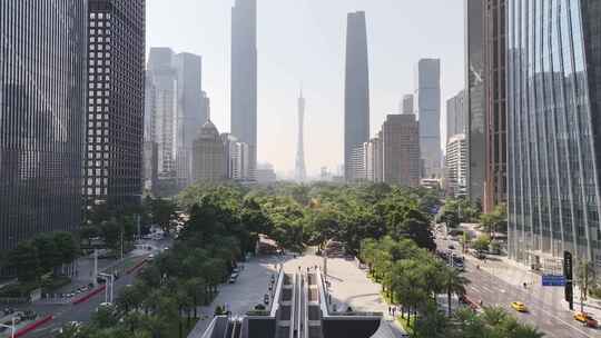 广州珠江新城中轴线地标建筑清晨航拍视频素材模板下载