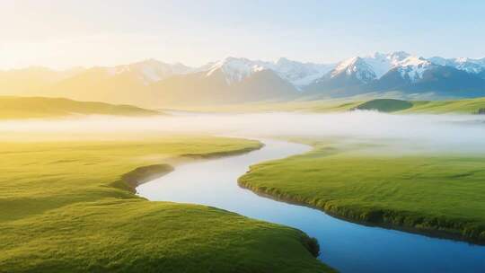 草原雪山河流自然风光