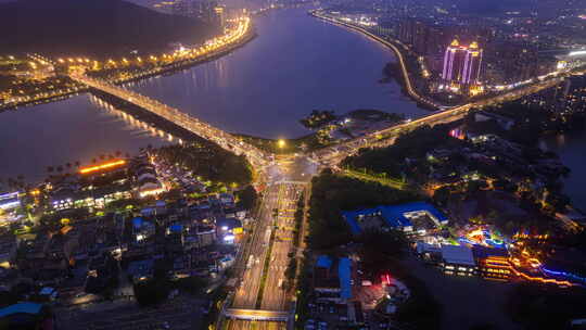 珠海斗门湖心路白蕉路口夜景航拍环绕延时