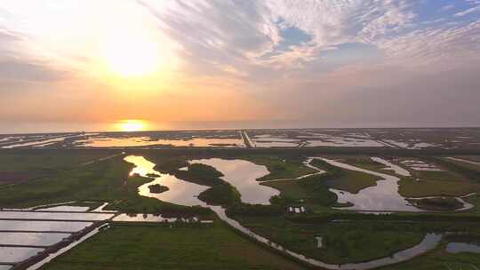 金色日出上海崇明岛东滩湿地全景