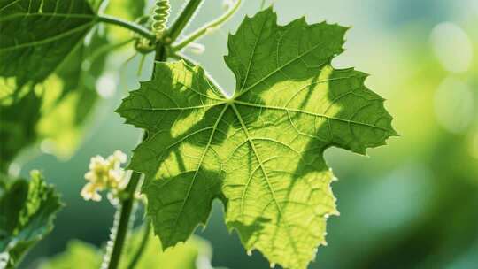 阳光下的绿色植物叶片特写