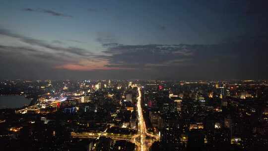 杭州城市夜幕降临夜景交通航拍