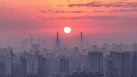 上海日出日落航拍 带城市建筑剪影