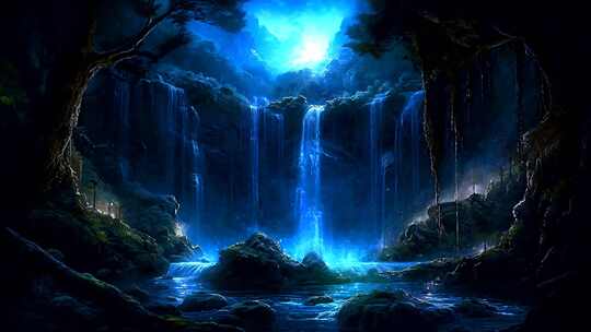 神秘蓝色森林瀑布特效动态背景