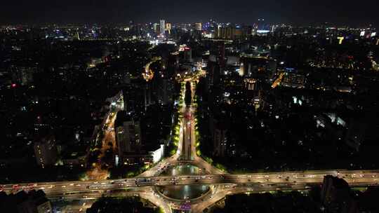 杭州城市夜幕降临夜景交通航拍