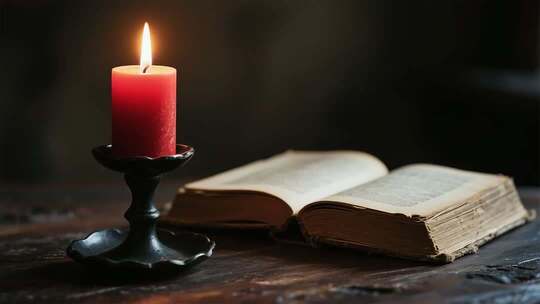 红蜡烛旁翻开的旧书籍