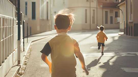 男孩街道逆光奔跑