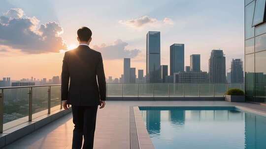 高端房地产广告，商务人士远眺城市天际线