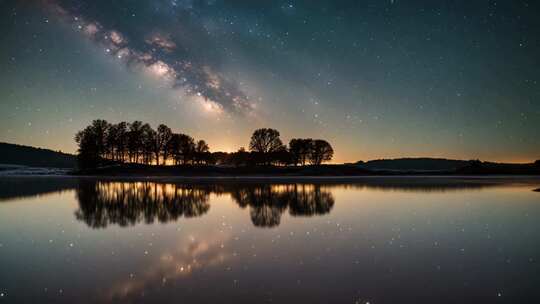 湖畔星空树木倒影夜景