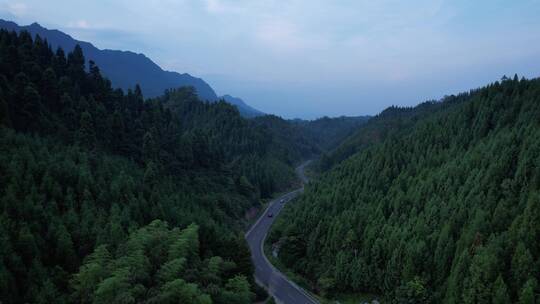 俯瞰山林盘山公路行车前飞