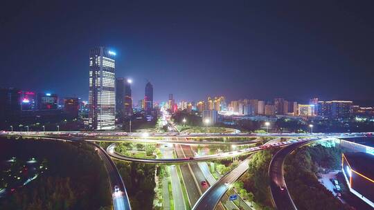 鸟瞰夜晚杭州滨江时代大道高架中兴立交夜景