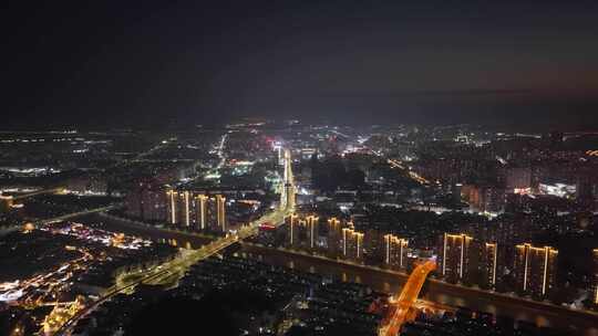 鸟瞰安徽芜湖城市夜景全景航拍